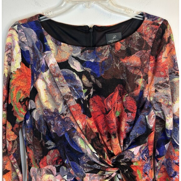 ADRIANNA PAPELL Knot Front Faux Wrap Floral Sheath Dress 12 Long Sleeve Jersey - Picture 5 of 16